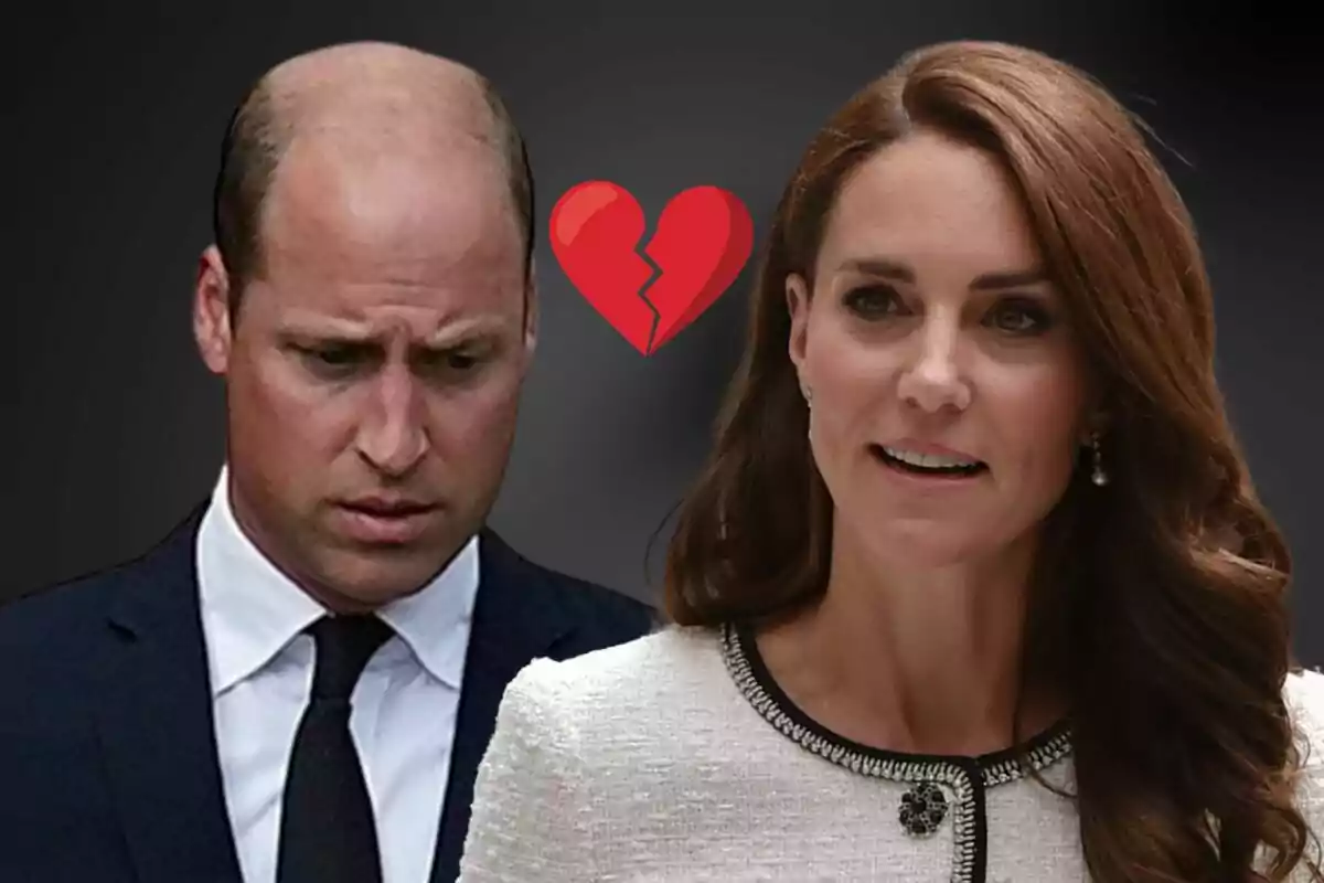 Muntatge de fotos del príncep Guillem i Kate Middleton en primer pla amb un cor trencat entre ells i un fons negre.