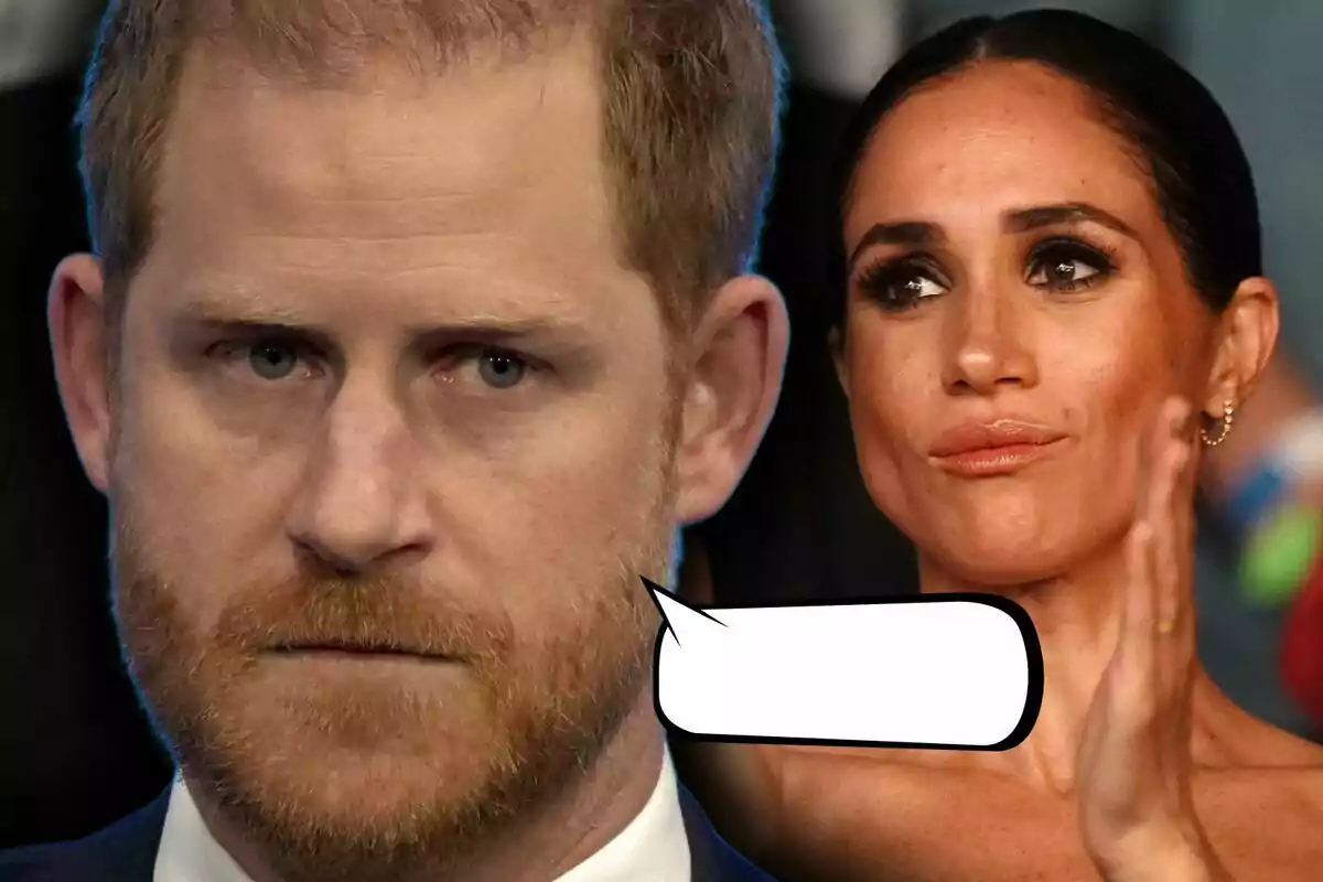 Muntatge de fotos del príncep Harry amb expressió seriosa i Meghan Markle aplaudint al fons, amb un globus de diàleg buit al costat.