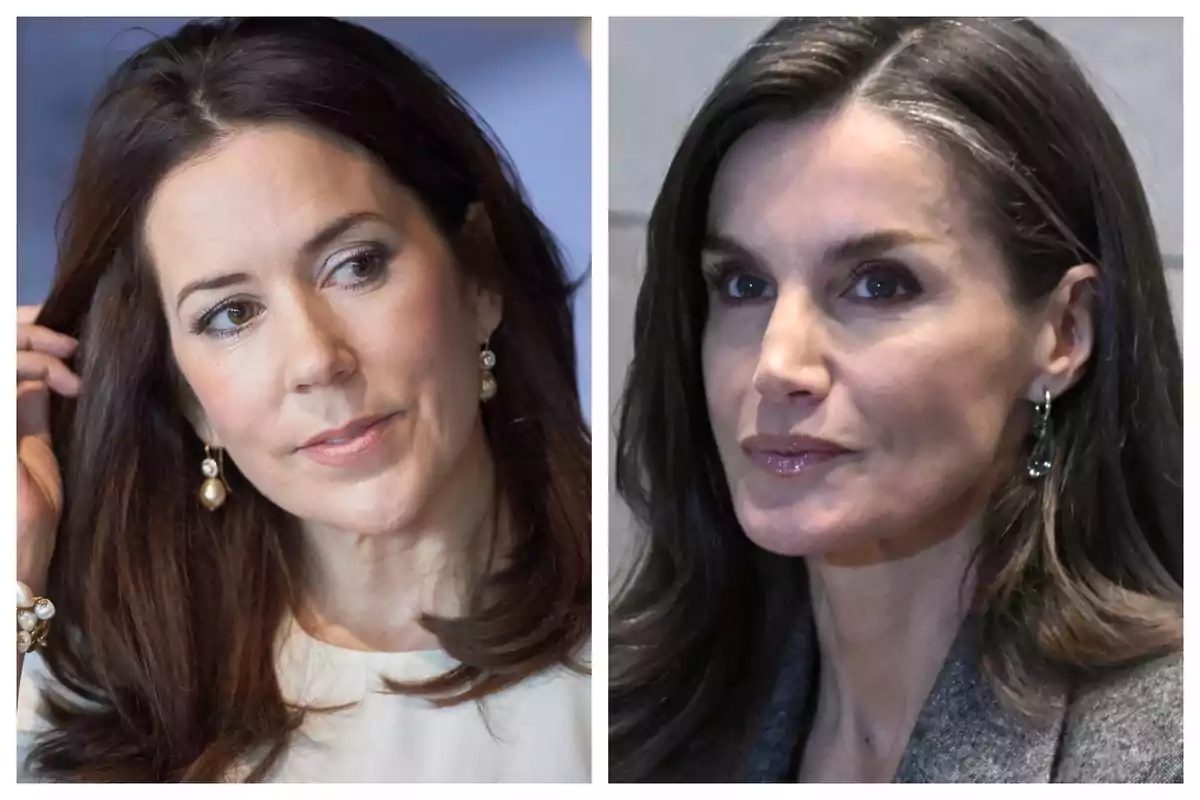 Photo montage of Mary of Denmark and Queen Letizia Ortiz, both with serious expressions. Photo montage of Mary of Denmark and Queen Letizia Ortiz, both with serious expressions.