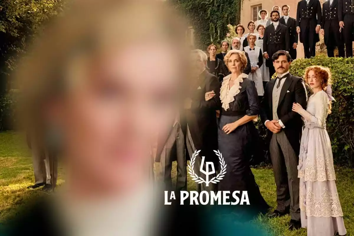 Muntatge de fotos amb el repartiment de la sèrie 'La Promesa' de TVE juntament amb el seu logotip i una imatge d'una de les seves protagonistes desenfocada