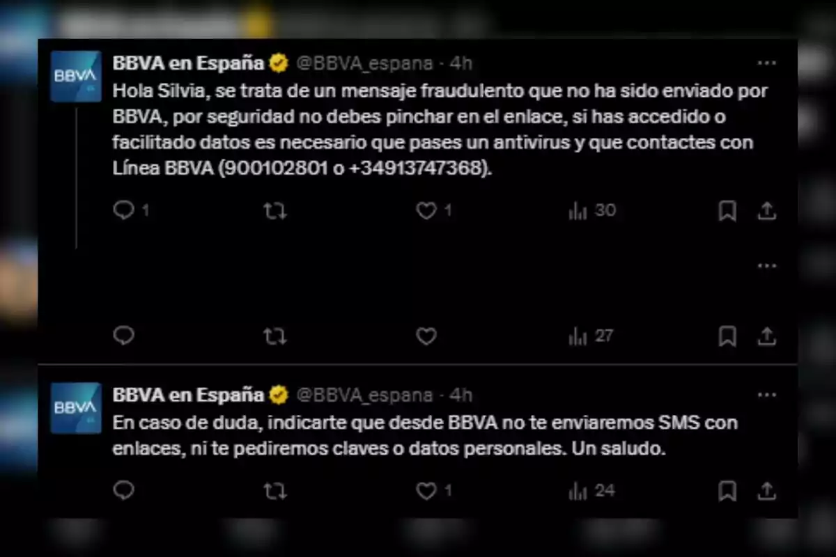 Dos missatges de BBVA a Twitter adverteixen sobre un missatge fraudulent no enviat per ells i recomanen no punxar en enllaços sospitosos, suggerint passar un antivirus i contactar amb la línia d'atenció. A més, aclareixen que mai no envien SMS amb enllaços ni sol·liciten dades personals.