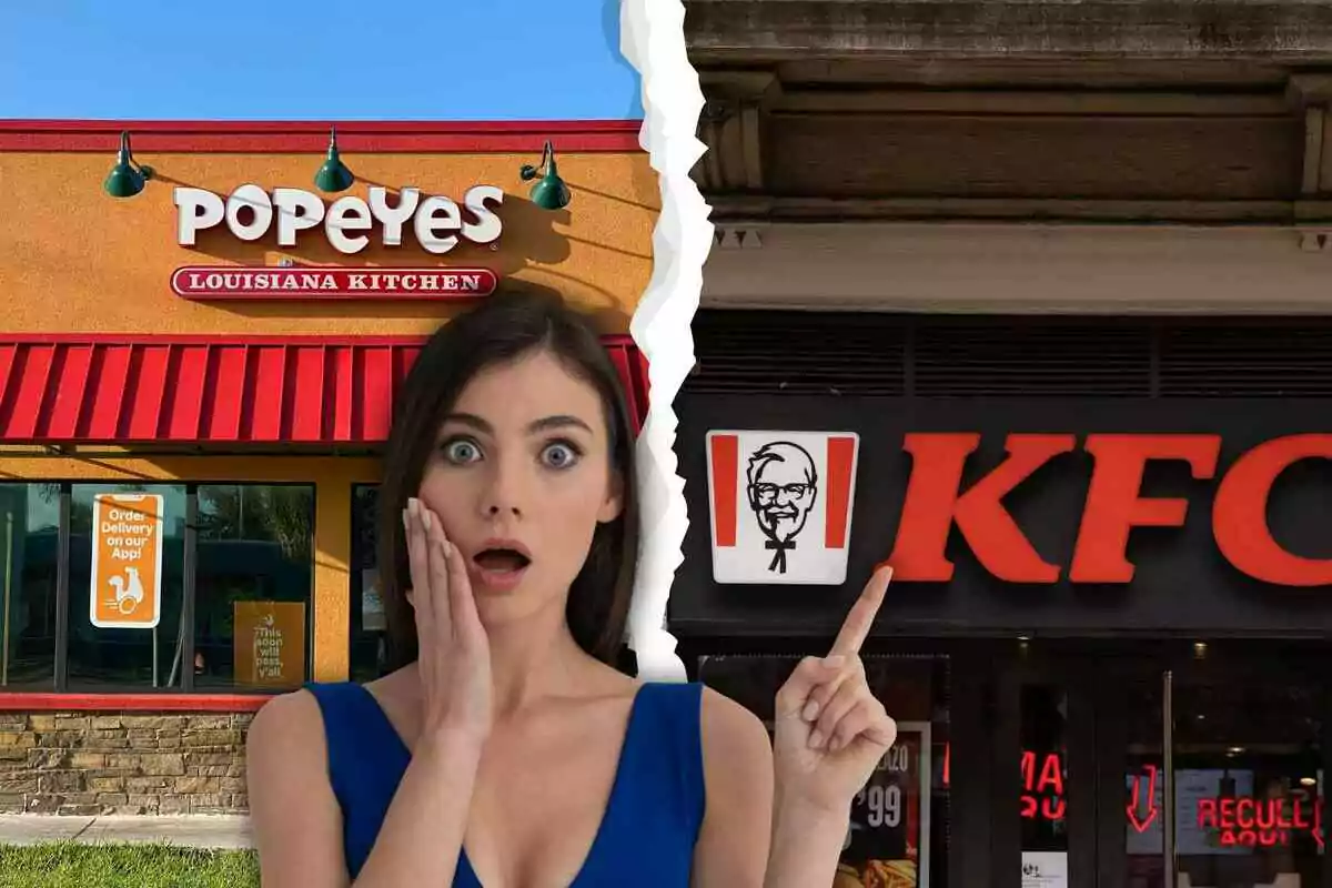Una dona sorpresa davant dels rètols de Popeyes i KFC, amb una línia esquinçada dividint les dues marques.