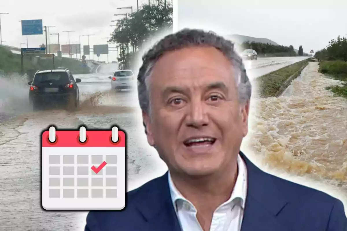 Roberto Brasero parlant davant imatges d?una carretera inundada i un emoji d?un calendari amb una marca de verificació en un dia concret del mes.