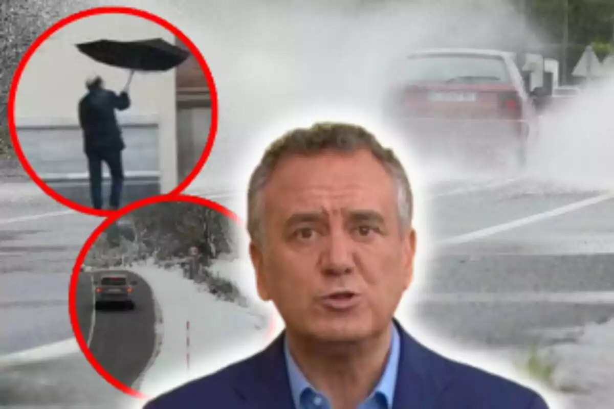 Roberto Brasero parlant sobre condicions climàtiques adverses amb imatges de pluja intensa i neu a la carretera.