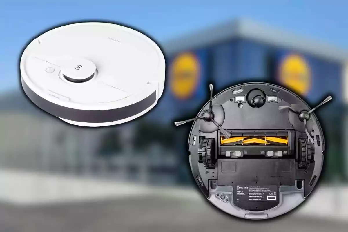 Imatge d'un robot aspirador blanc i la vista inferior amb raspalls i rodes de Lidl sobre un fons desenfocat.