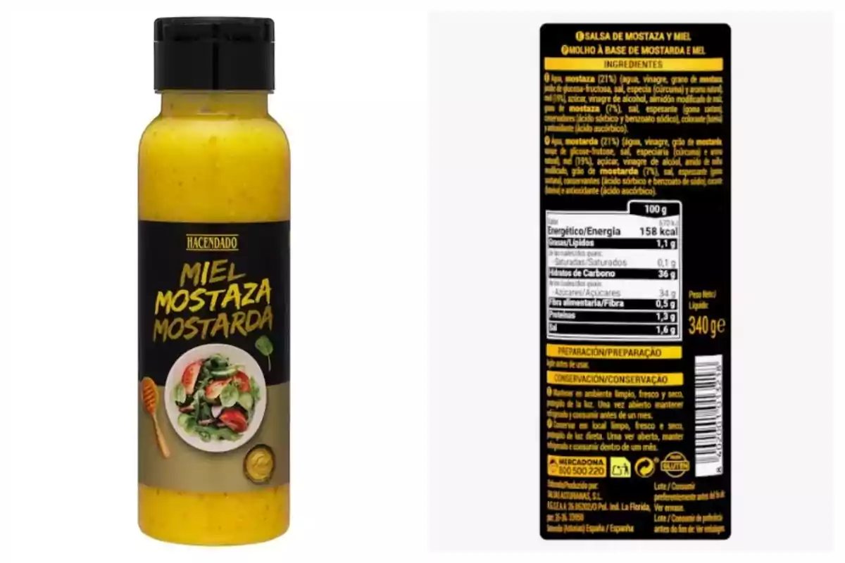 Ampolla de salsa de mel i mostassa de la marca Hacendado amb etiqueta que mostra informació nutricional i llista d'ingredients. Ampolla de salsa de mel i mostassa de la marca Hacendado amb etiqueta que mostra informació nutricional i llista d'ingredients.