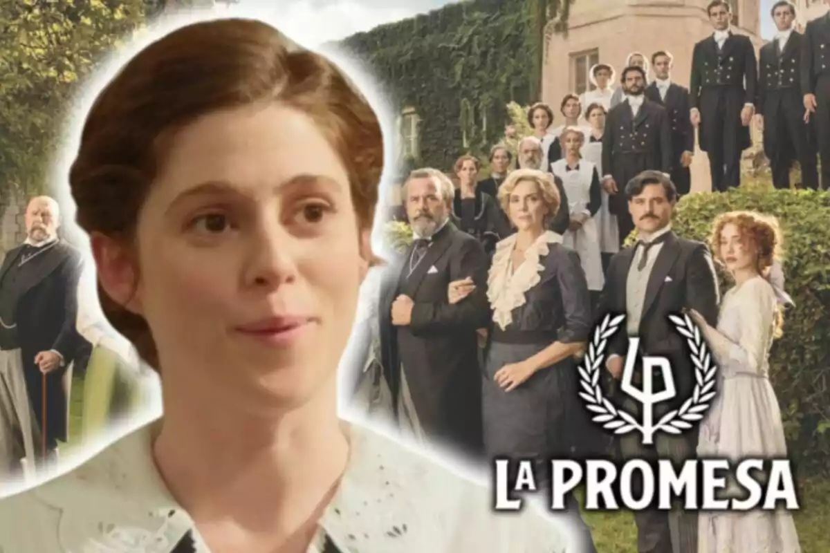 Imatge promocional de la sèrie "La Promesa" amb un primer pla de Sara Molina i un grup de persones que formen part de l'elenc de la sèrie al fons.