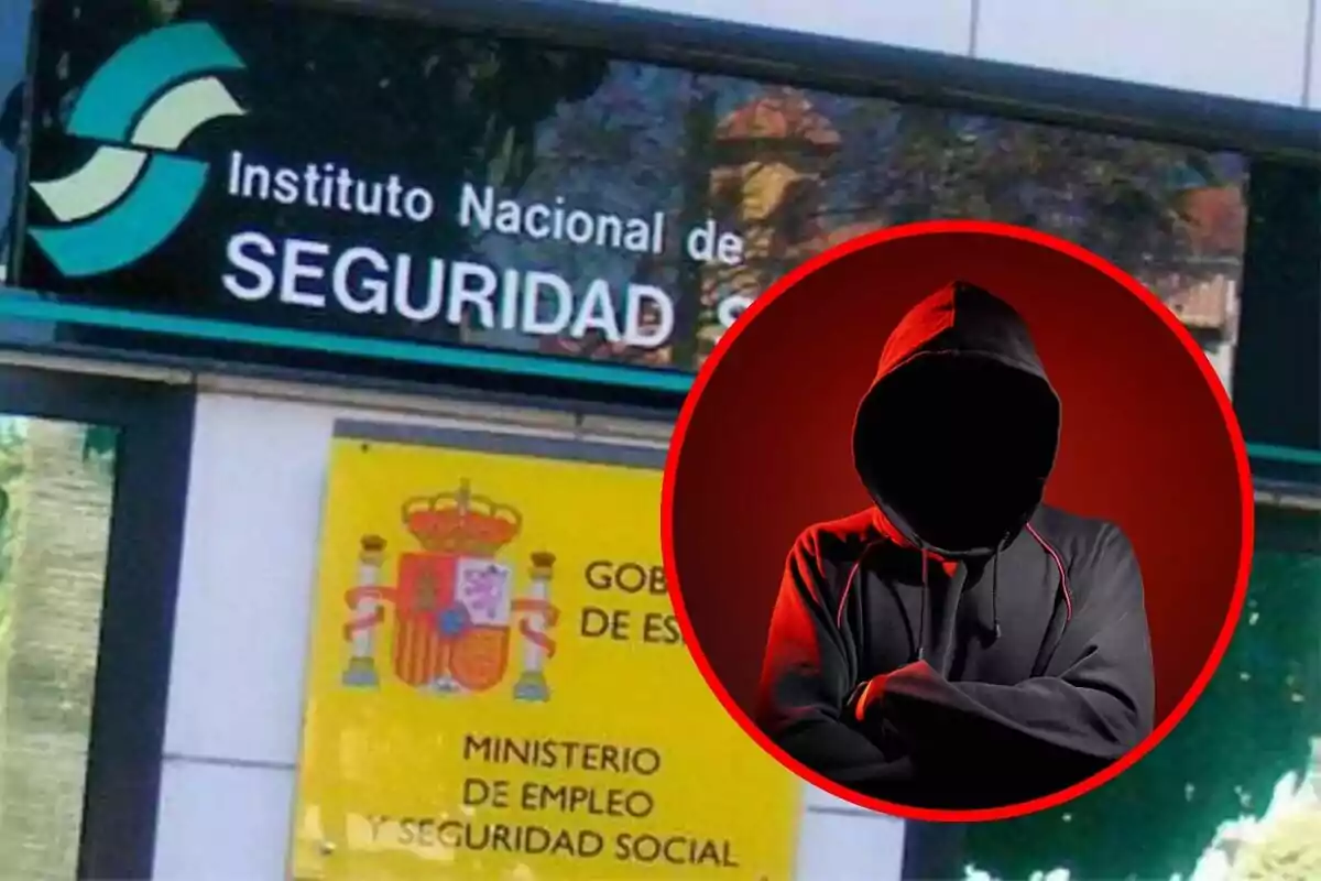 Imatge de la façana de l?Institut Nacional de Seguretat Social d?Espanya amb un cartell del Ministeri d?Ocupació i Seguretat Social i una figura encaputxada en un cercle vermell.