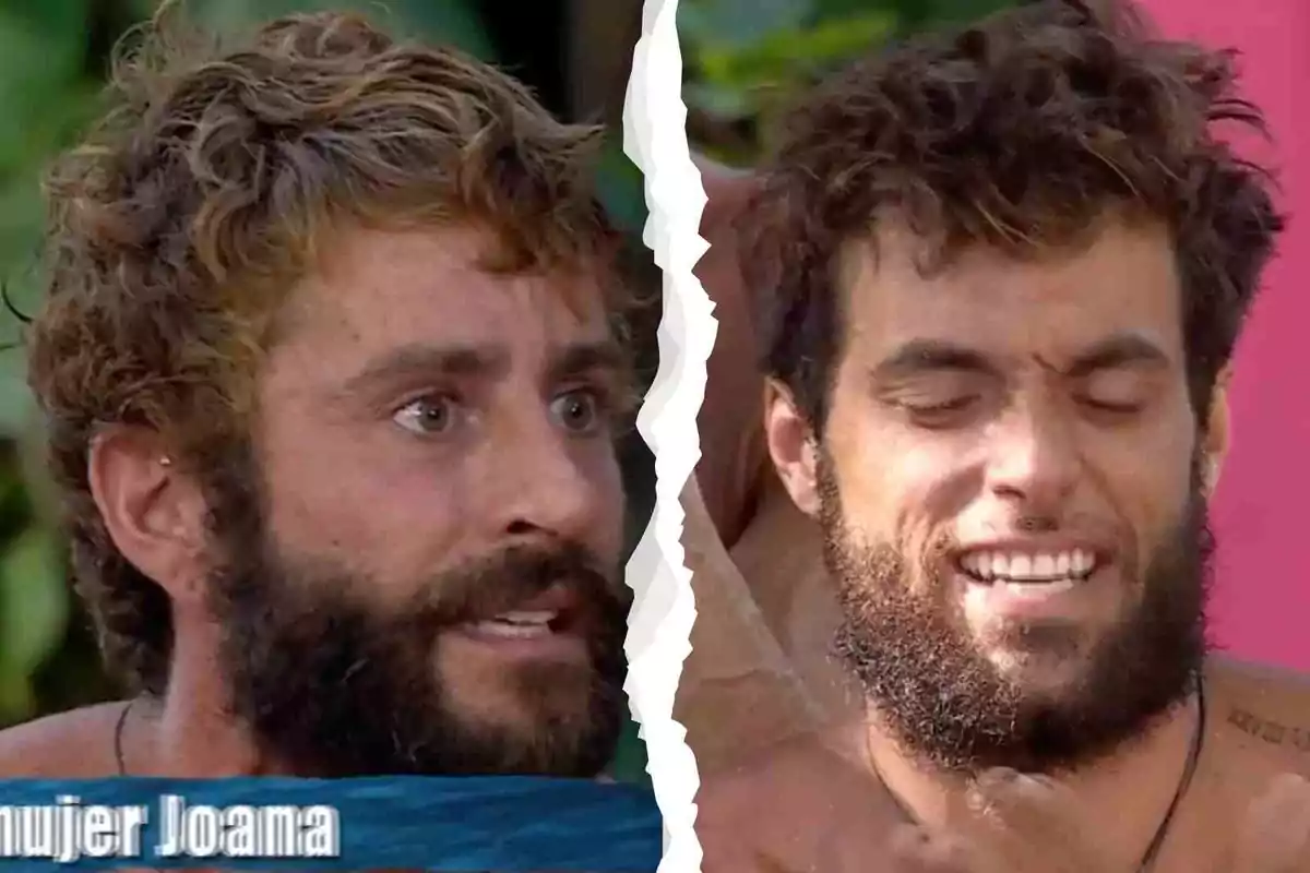 Pelayo Díaz i Montoya amb barba en una imatge dividida per un efecte d'esquinçat, Pelayo sembla estar parlant i Montoya somrient amb els ulls tancats. Pelayo Díaz i Montoya amb barba en una imatge dividida per un efecte d'esquinçat, Pelayo sembla estar parlant i Montoya somrient amb els ulls tancats.