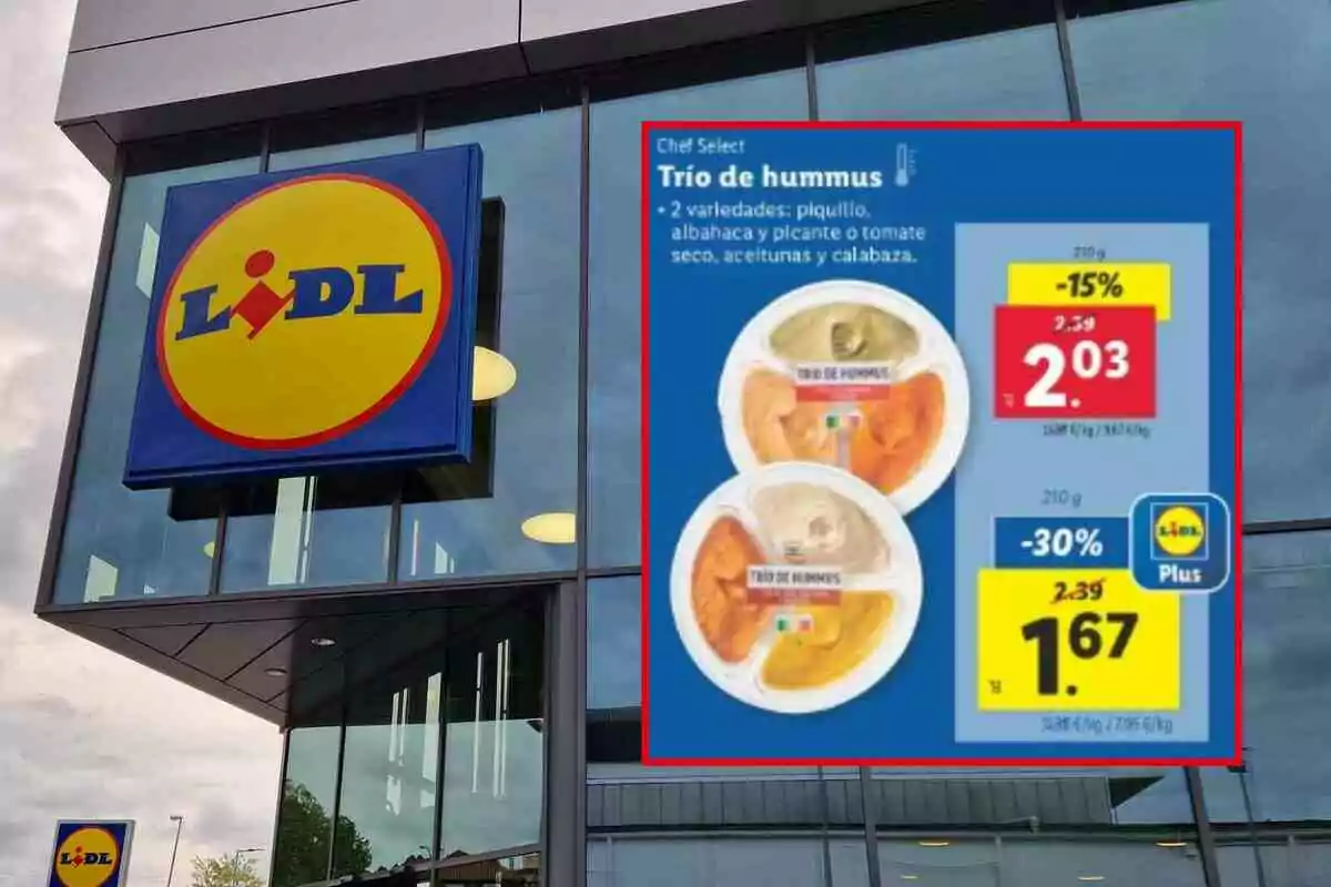 Un cartell d'oferta d'hummus en un supermercat Lidl amb un descompte en el preu, mostrant envasos d'hummus de diferents sabors davant la façana del supermercat. Un cartell d'oferta d'hummus en un supermercat Lidl amb un descompte en el preu, mostrant envasos d'hummus de diferents sabors davant la façana del supermercat.