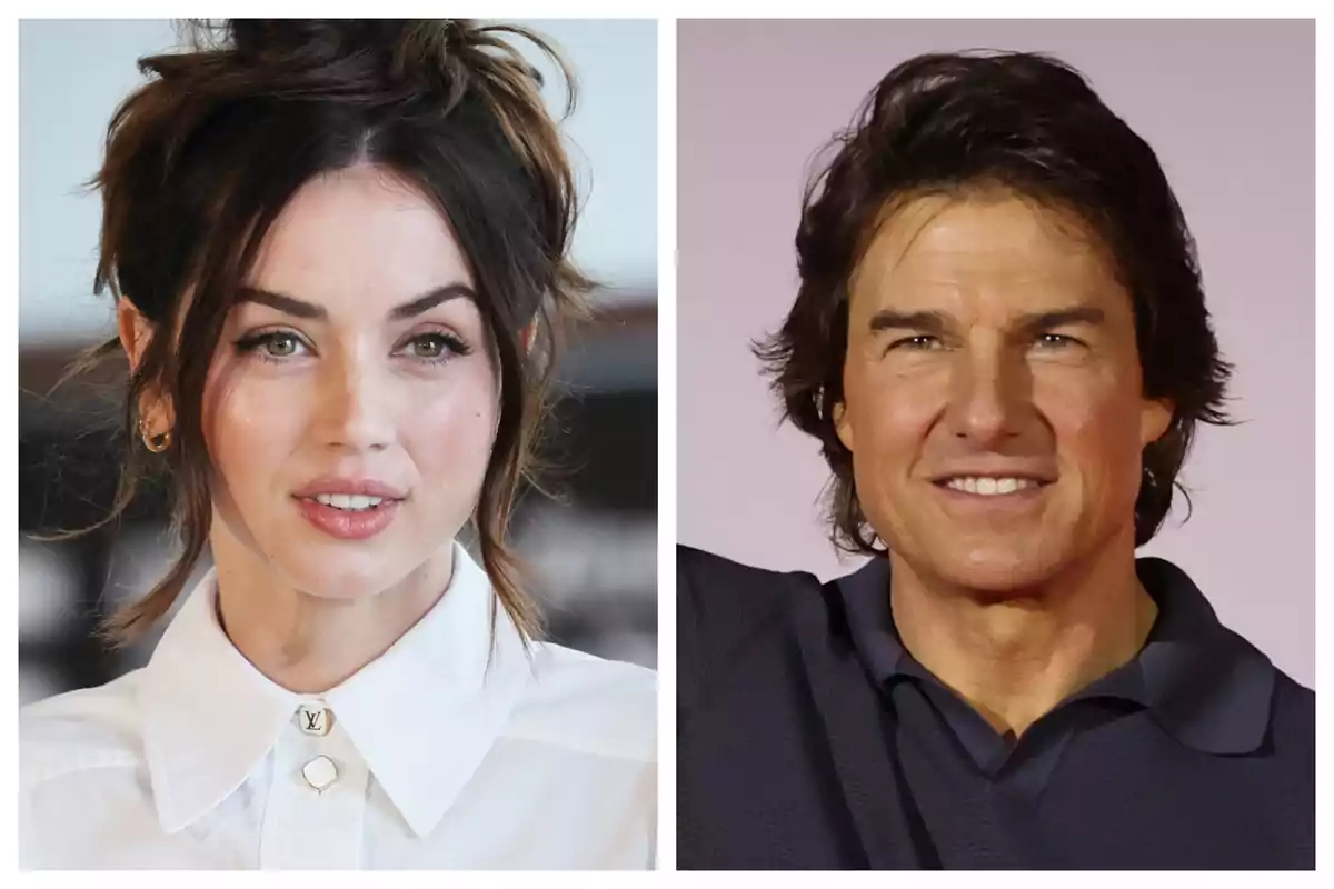 Close-up photo montage of Tom Cruise and Ana de Armas, both with neutral expressions. Close-up photo montage of Tom Cruise and Ana de Armas, both with neutral expressions.