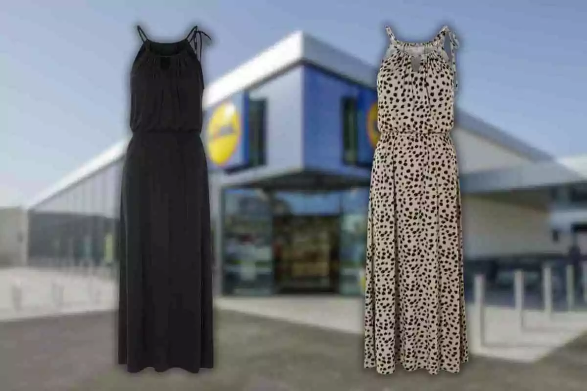 Dos vestidos largos, uno negro y otro con estampado de lunares, frente a un edificio moderno con un logotipo visible. Dos vestidos largos, uno negro y otro con estampado de lunares, frente a un edificio moderno con un logotipo visible.