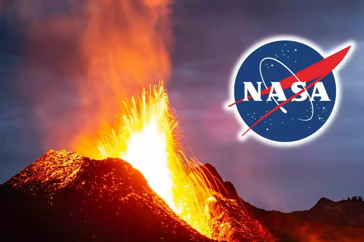 Erupció volcànica amb el logotip de la NASA superposat.