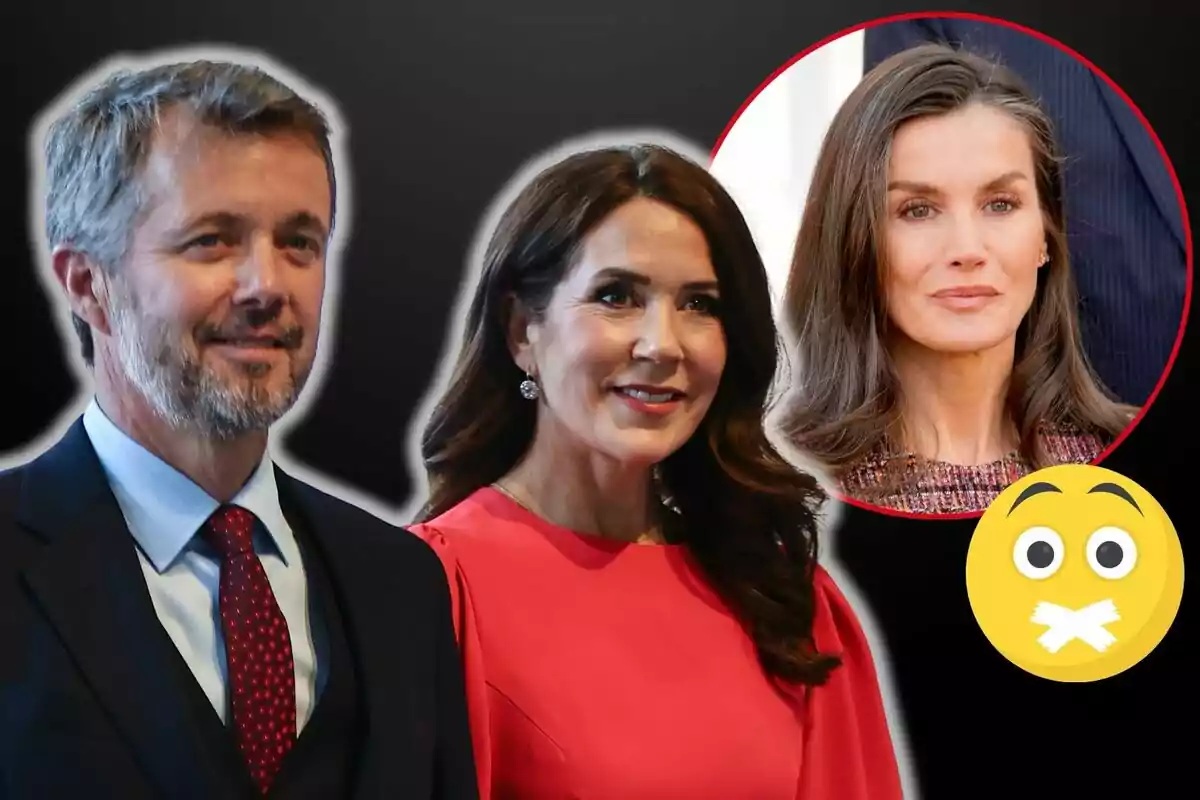 Frederic de Dinamarca i Mary Donaldson somrient en primer pla amb la reina Letícia en un cercle vermell al fons i un emoji sorprès.