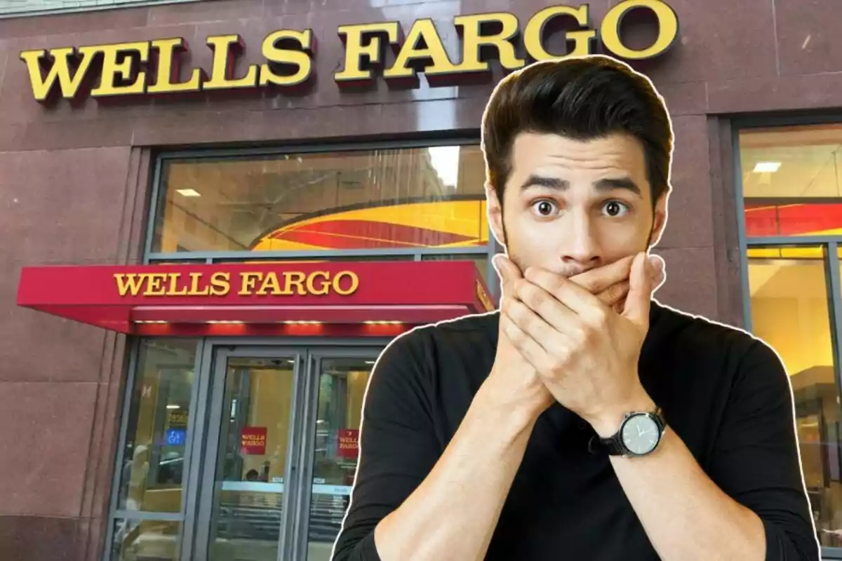 A man surprised in front of a Wells Fargo branch. A man surprised in front of a Wells Fargo branch.