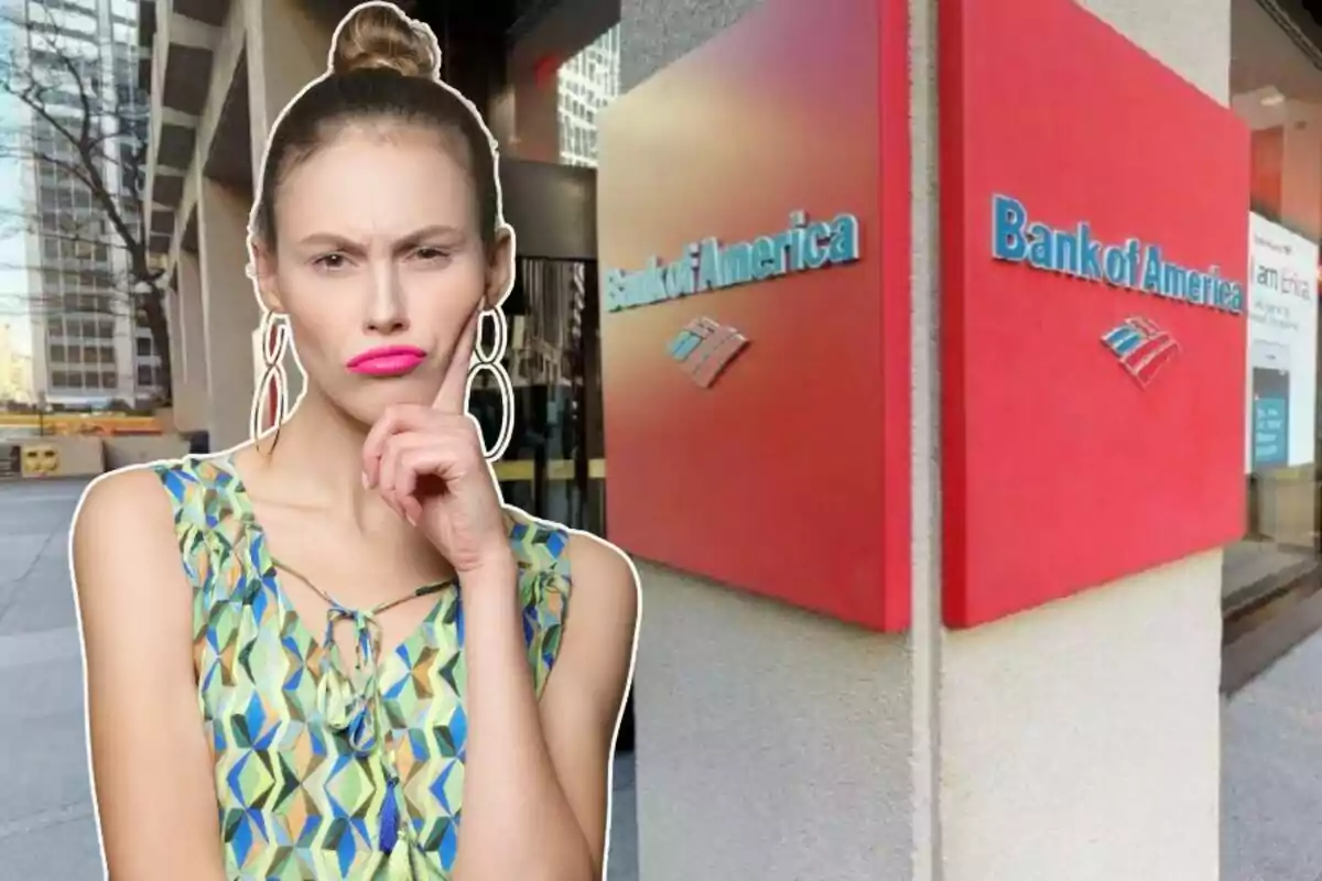 A woman with a pensive expression is in front of a building with the Bank of America logo. A woman with a pensive expression is in front of a building with the Bank of America logo.