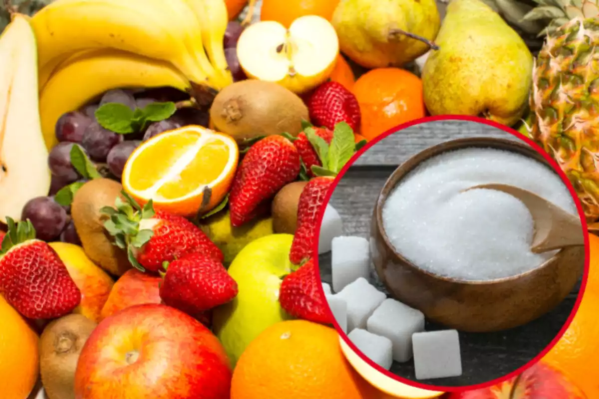 Muntatge amb diverses fruites amuntegades i un cercle amb un bol ple de sucre i terrossos de sucre al costat Muntatge amb diverses fruites amuntegades i un cercle amb un bol ple de sucre i terrossos de sucre al costat