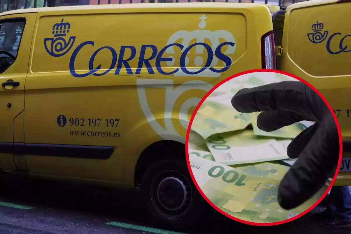 Muntatge amb una furgoneta groga de Correus i un cercle amb diversos bitllets de 100 euros i una mà amb un guant negre de lladre a punt d'agafar-los