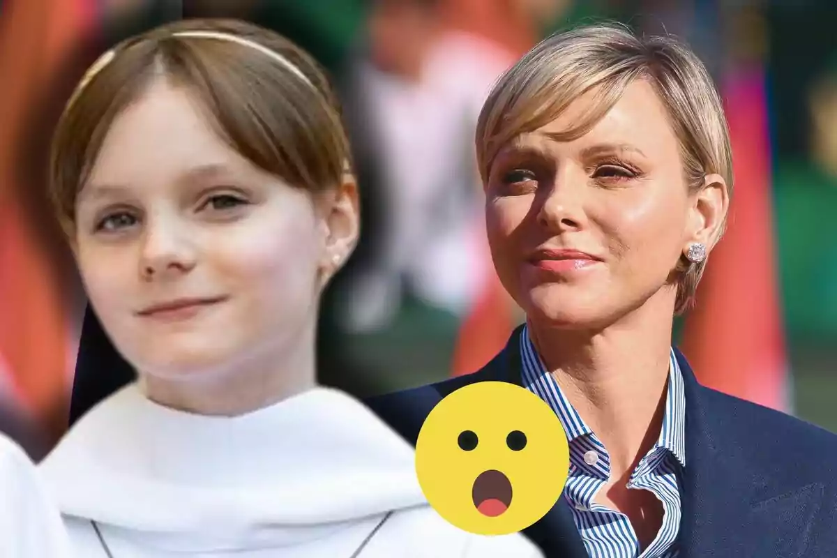 Gabriella i Charlene de Mònaco, una nena i una dona adulta, apareixen juntes a la imatge amb un emoji de cara sorpresa en primer pla.