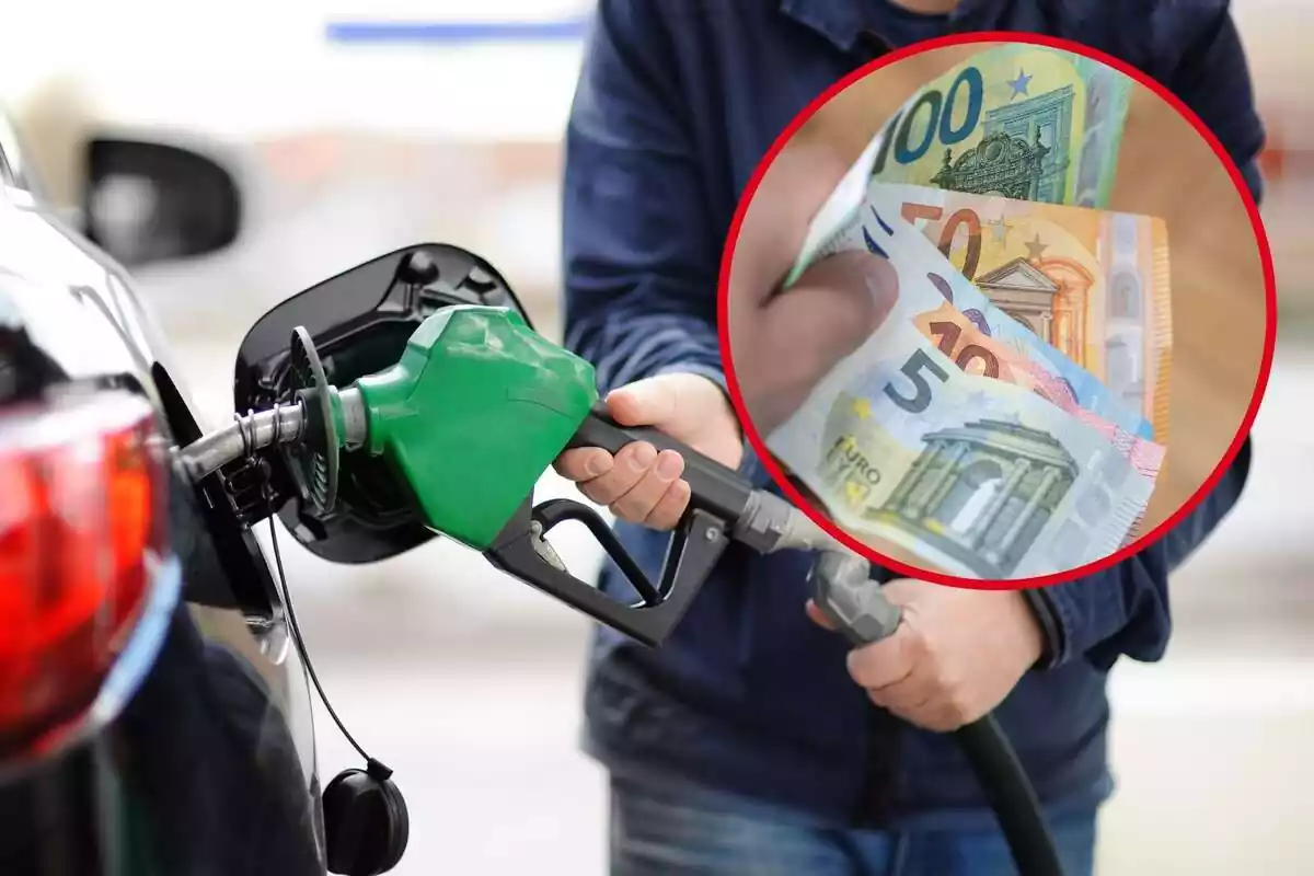 Muntatge amb una persona posant gasolina al cotxe i un cercle amb una mà subjectant diversos bitllets d'euro