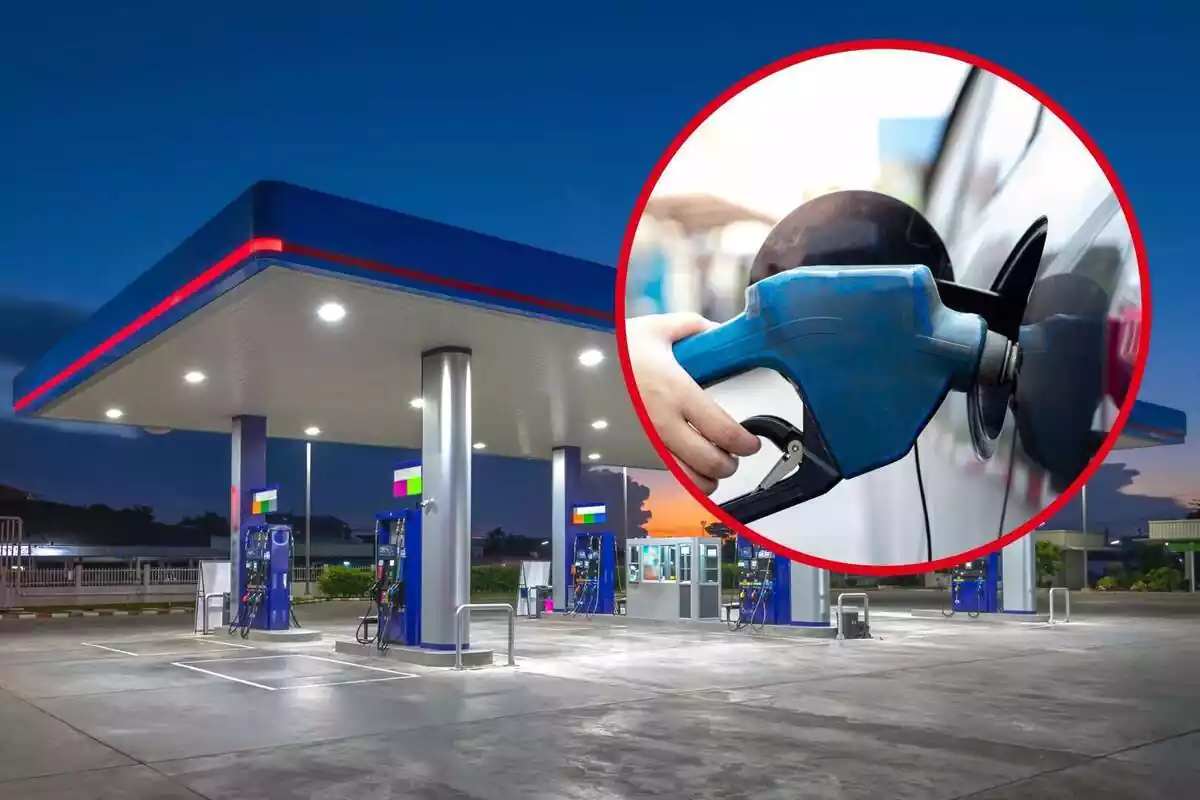 Muntatge amb una imatge d'una benzinera i un cercle amb una mà subjectant un sortidor repostant un cotxe