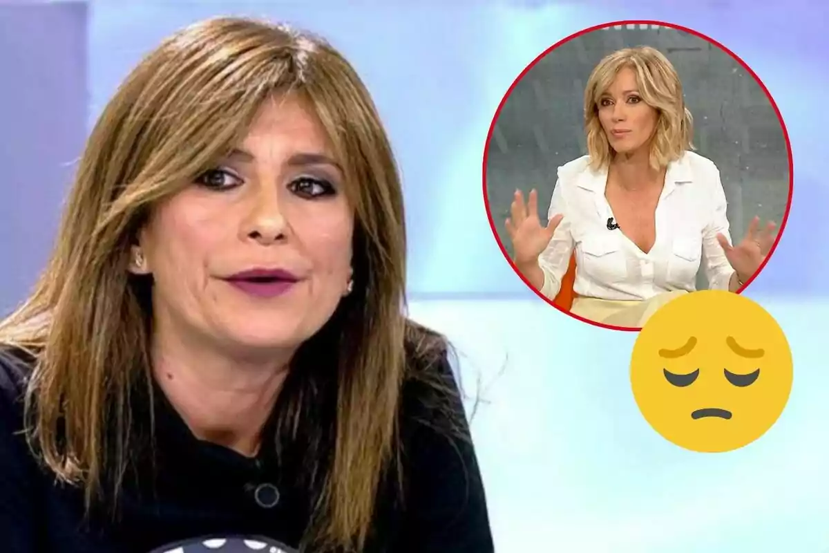 Gema López en primer pla amb expressió seriosa, i en un cercle vermell al fons, Susanna Grisoo amb camisa blanca i expressió de sorpresa, acompanyada d?un emoji trist.