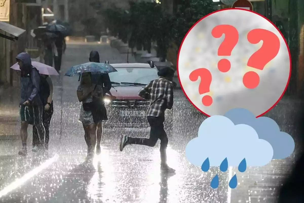 Persones caminant sota la pluja amb paraigües i una persona corrent, mentre un gràfic de signes d'interrogació i un núvol amb gotes de pluja apareix a la cantonada superior dreta.