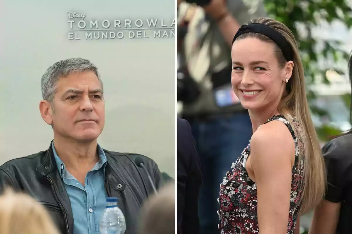 George Clooney in a leather jacket and Brie Larson smiling with a black headband appear in a side-by-side photo montage. George Clooney in a leather jacket and Brie Larson smiling with a black headband appear in a side-by-side photo montage.