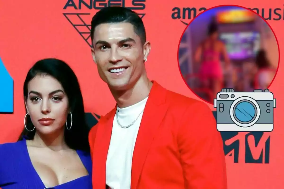 Georgina Rodríguez i Cristiano Ronaldo posant en un esdeveniment amb fons vermell i logotips.