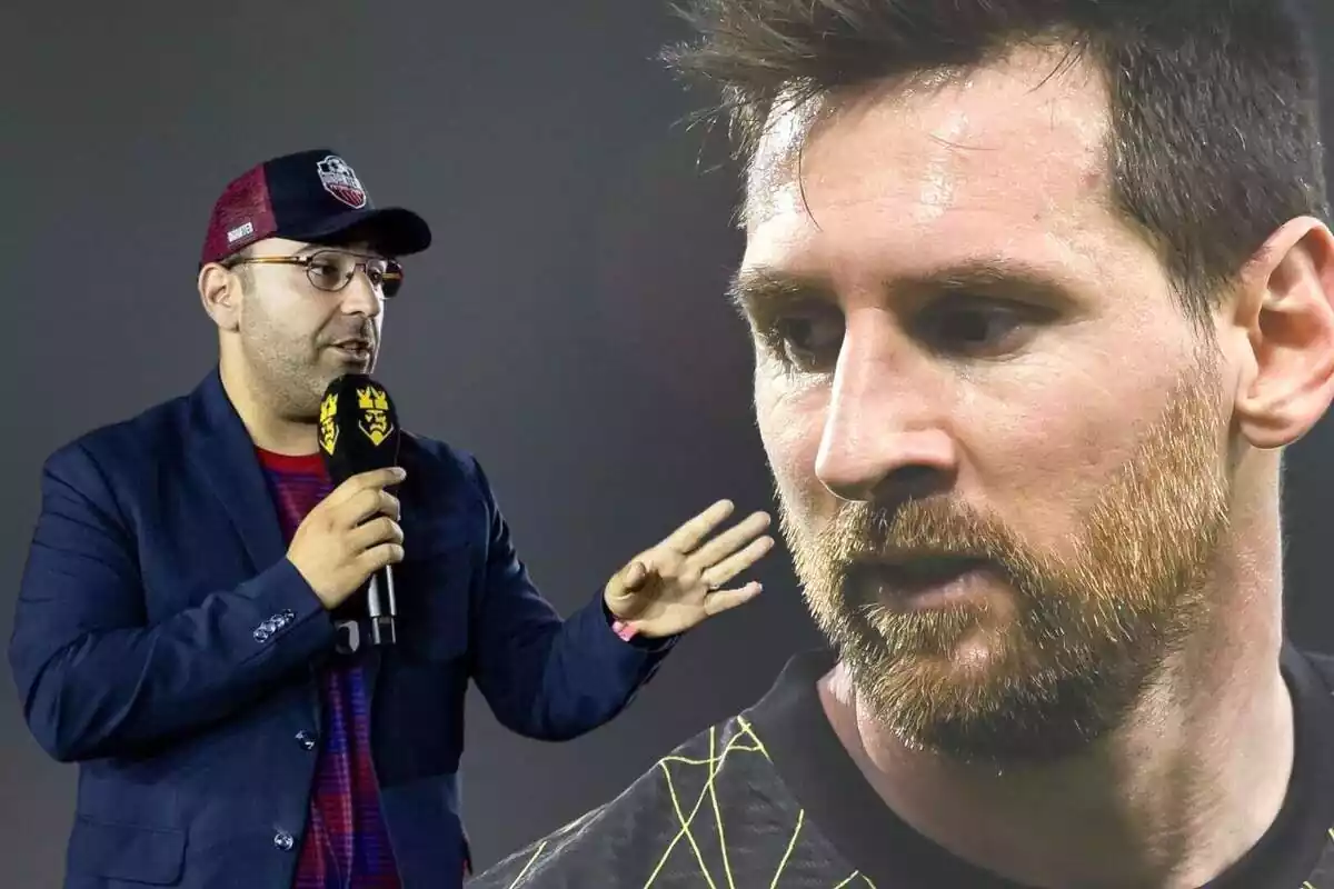 Muntatge de Gerard Romero en pla mitjà i Messi en primer pla mirant-se l'u a l'altre amb cara seriosa