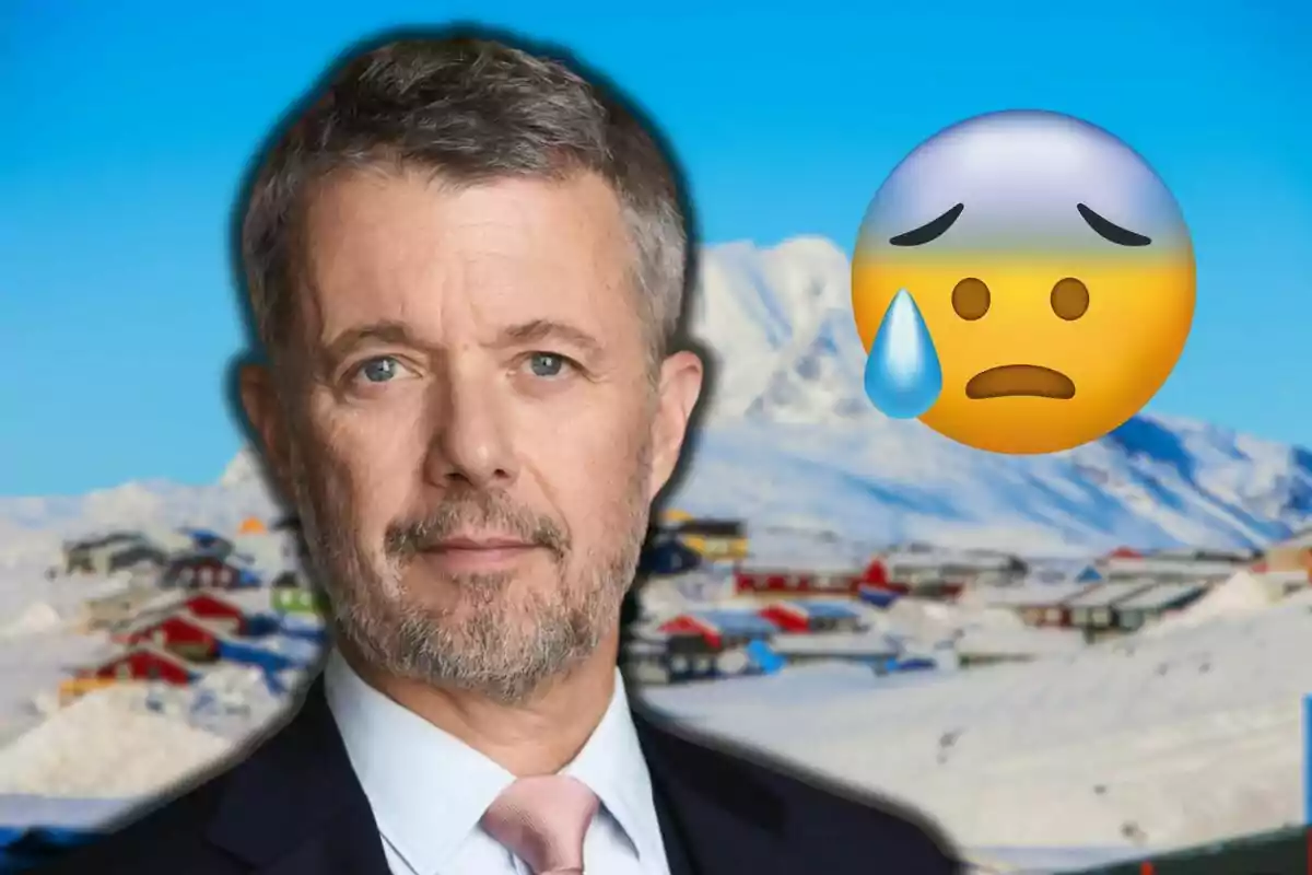 Frederick of Denmark in a suit in front of a snowy landscape with a worried face emoji.