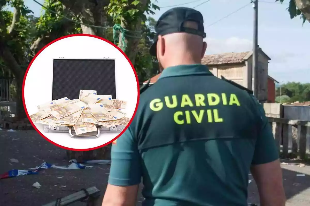 Muntatge d'un Guàrdia Civil i una maleta amb bitllets de 50 a dins