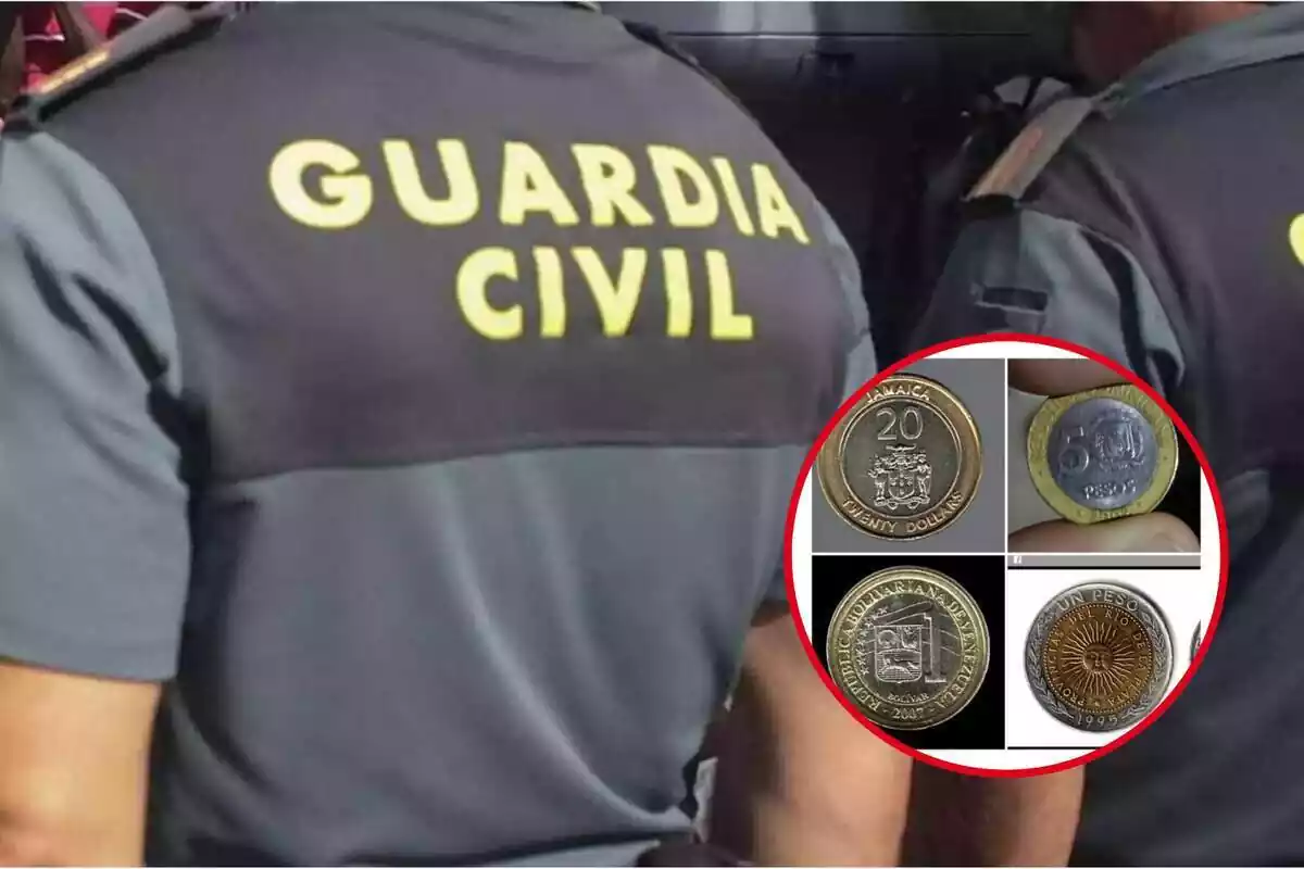 Muntatge d'un agent de la Guàrdia Civil i diverses monedes