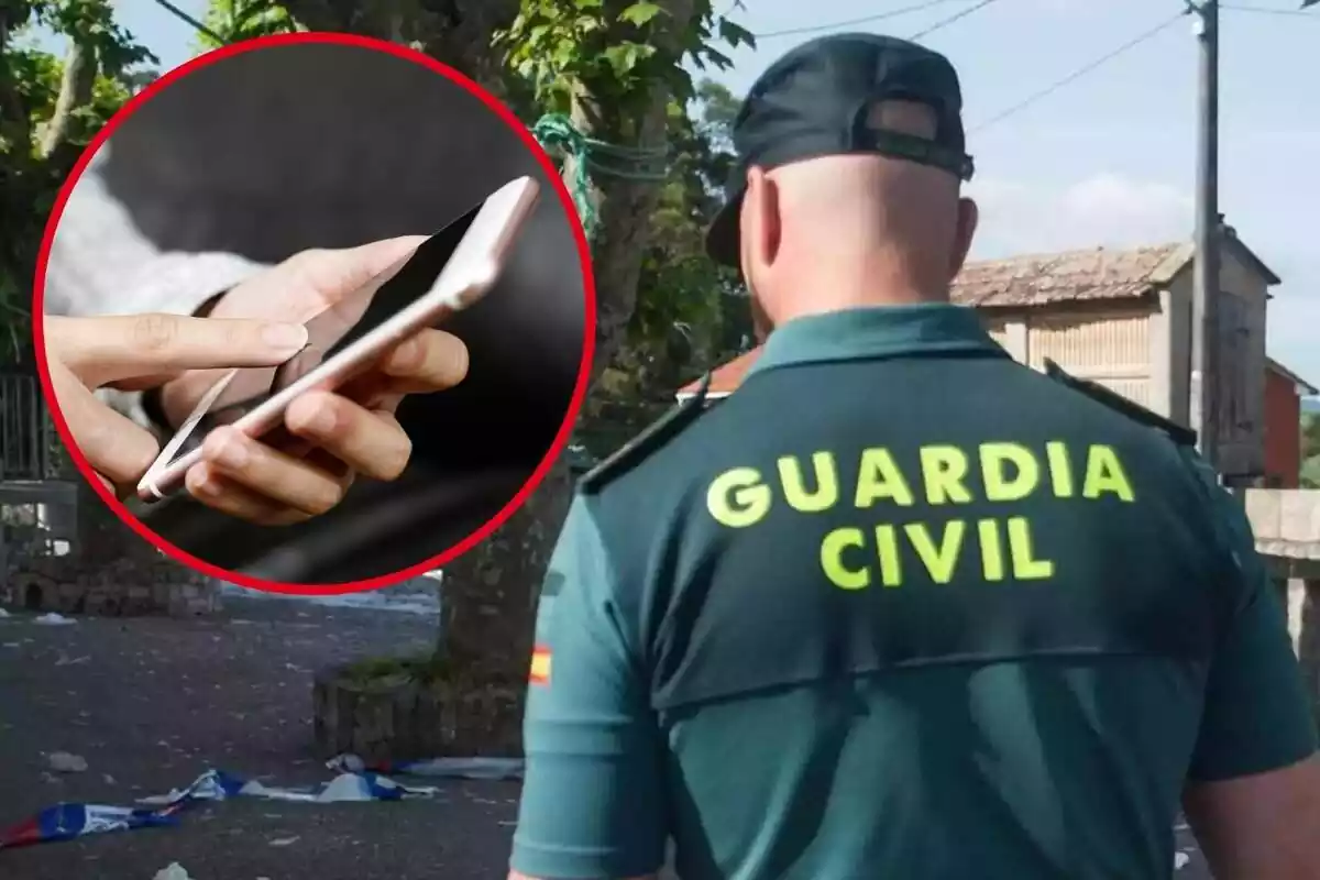 Muntatge amb un agent de la Guàrdia Civil d'esquena i un cercle amb unes mans fent servir un telèfon mòbil