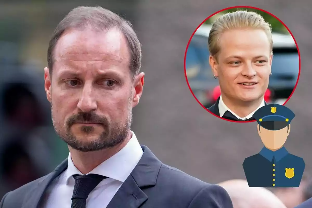 Haakon de Noruega amb vestit i corbata apareix en primer pla, mentre que a la cantonada superior dreta hi ha una imatge circular de Marius Borg i una icona de policia.