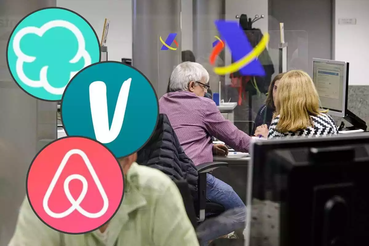 Una oficina d'Hisenda i els logos d'Airbnb, Vinted i Wallapop