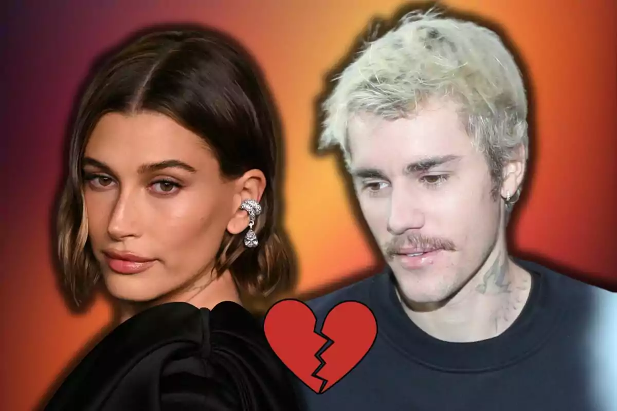 Hailey and Justin Bieber, with serious expressions, appear together against a gradient background with a broken red heart between them.