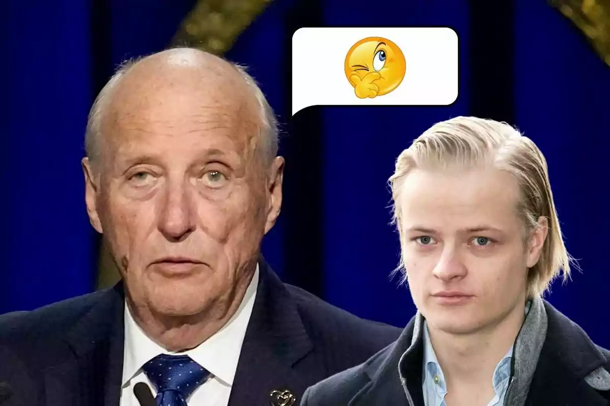 Harald de Noruega i Marius Börg amb expressió seriosa i un emoji pensatiu en un fons blau.