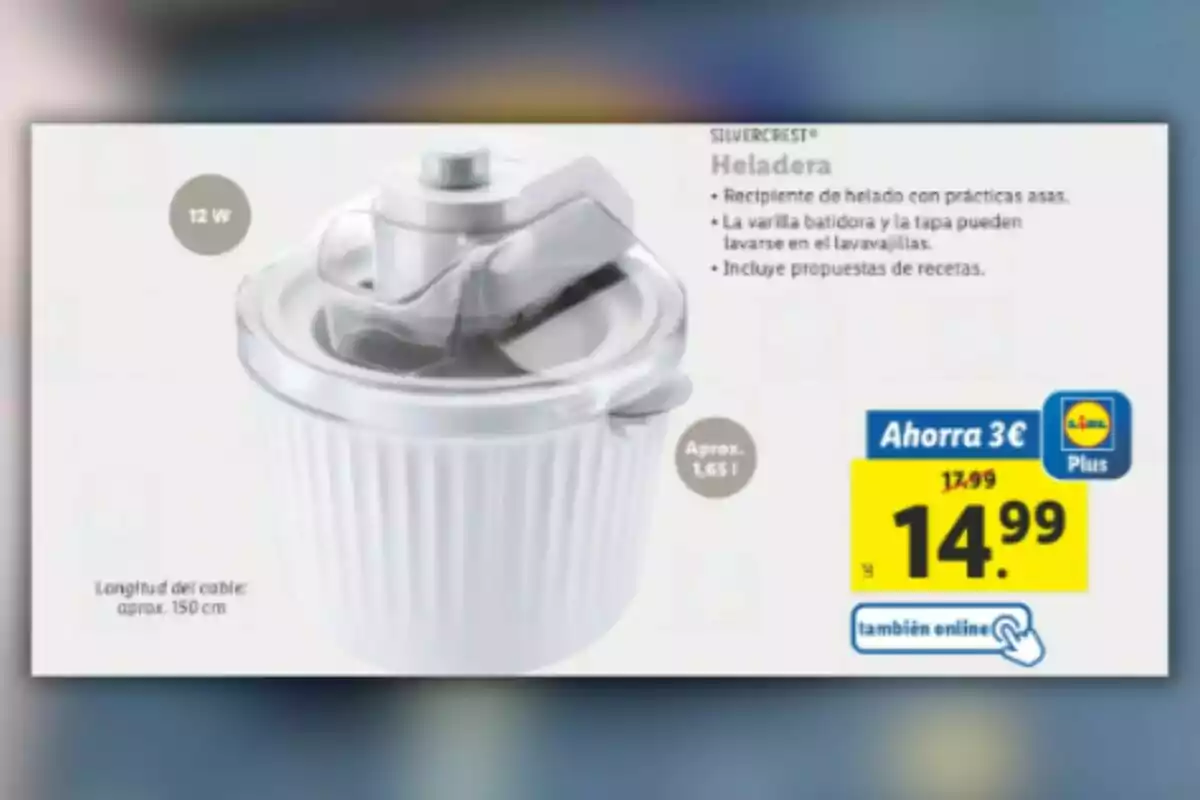 Nevera Silvercrest amb recipient de gelat, nanses pràctiques, vareta batedora i tapa aptes per a rentavaixelles, inclou receptes, capacitat aproximada d'1,65 litres, potència de 12 W, preu de 14,99 euros amb descompte de 3 euros, disponible també en línia. Nevera Silvercrest amb recipient de gelat, nanses pràctiques, vareta batedora i tapa aptes per a rentavaixelles, inclou receptes, capacitat aproximada d'1,65 litres, potència de 12 W, preu de 14,99 euros amb descompte de 3 euros, disponible també en línia.