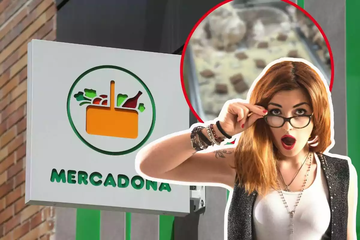 Muntatge amb un logotip de Mercadona, una dona sorpresa i un gelat misteriós