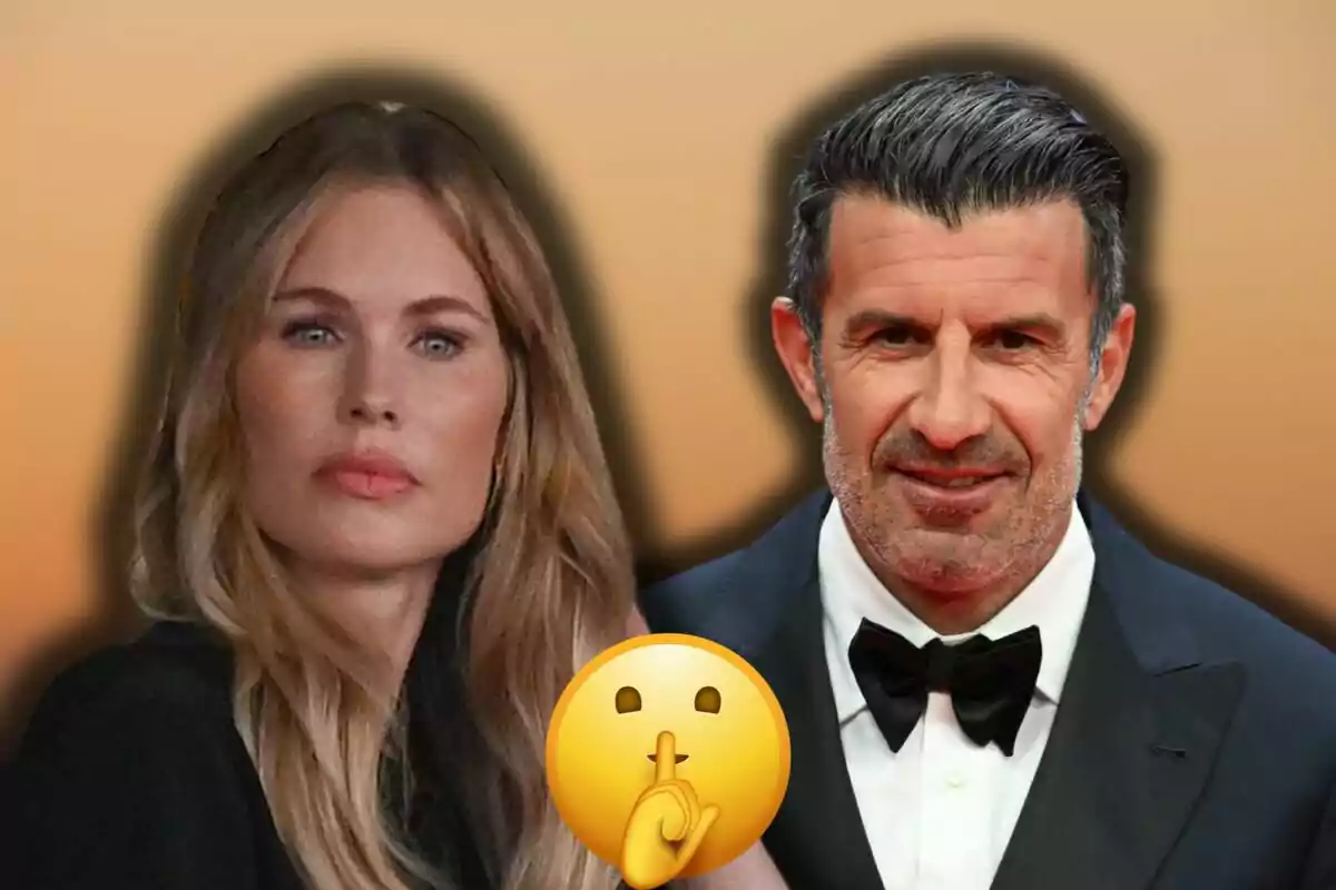 Helen Svedin i Luis Figo posen junts en un fons degradat amb un emoji de silenci superposat.