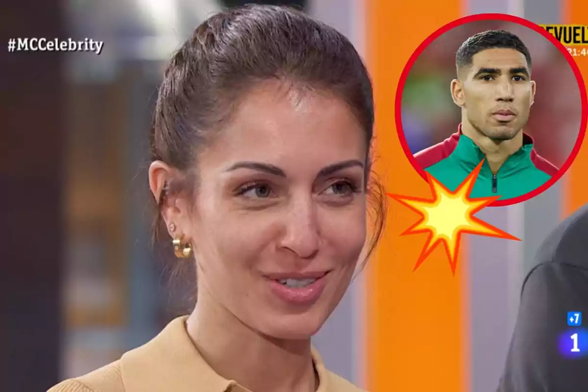 Muntatge amb Hiba Abouk, somrient al plató de 'MasterChef Celebrity', i Achraf Hakimi, amb el xandall de la selecció del Marroc, en un cercle