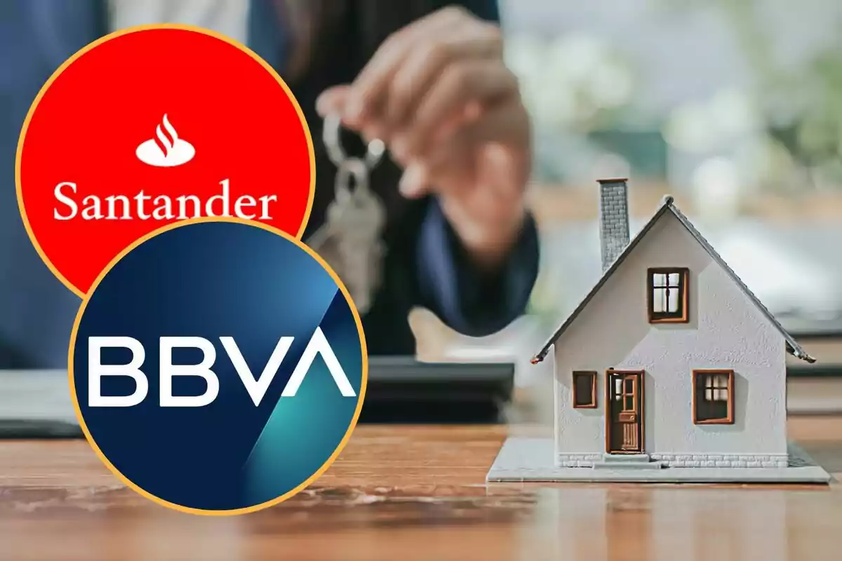 Logos de Santander i BBVA sobre una imatge d'una persona sostenint claus i casa en miniatura.