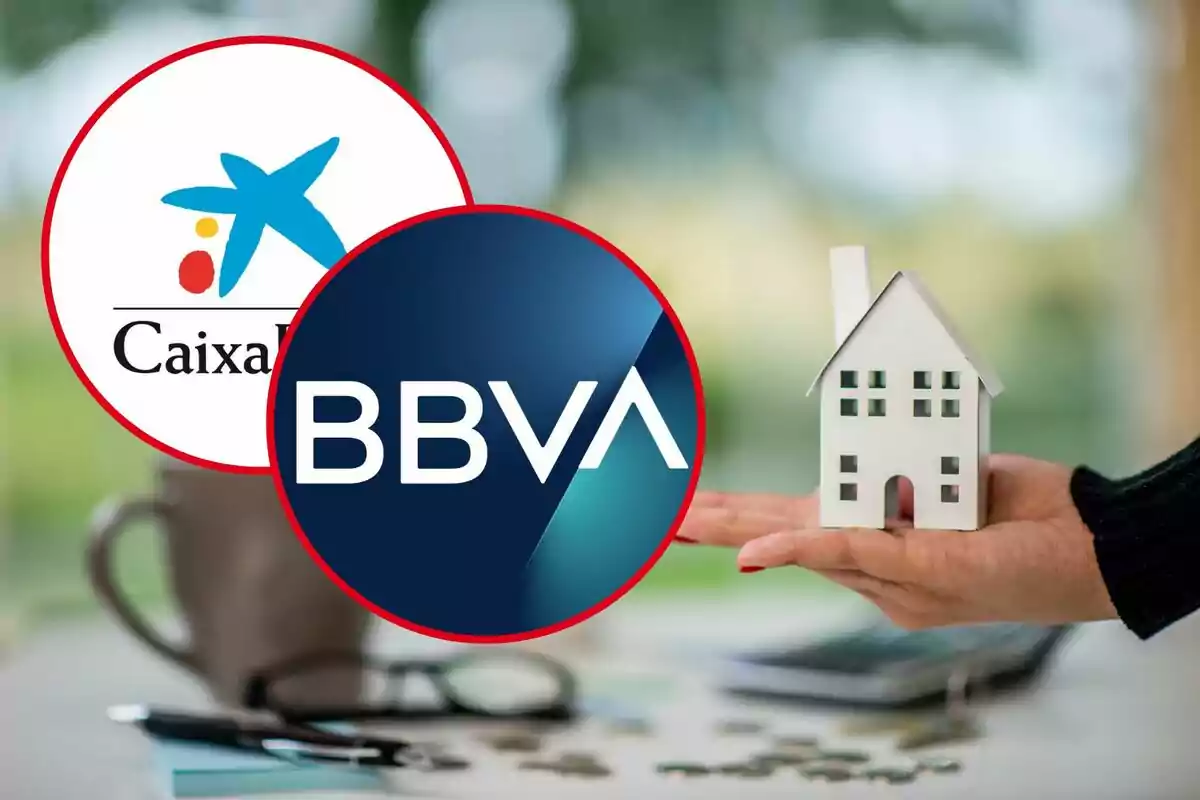 Logos de CaixaBank i BBVA amb una mà sostenint una casa en miniatura.