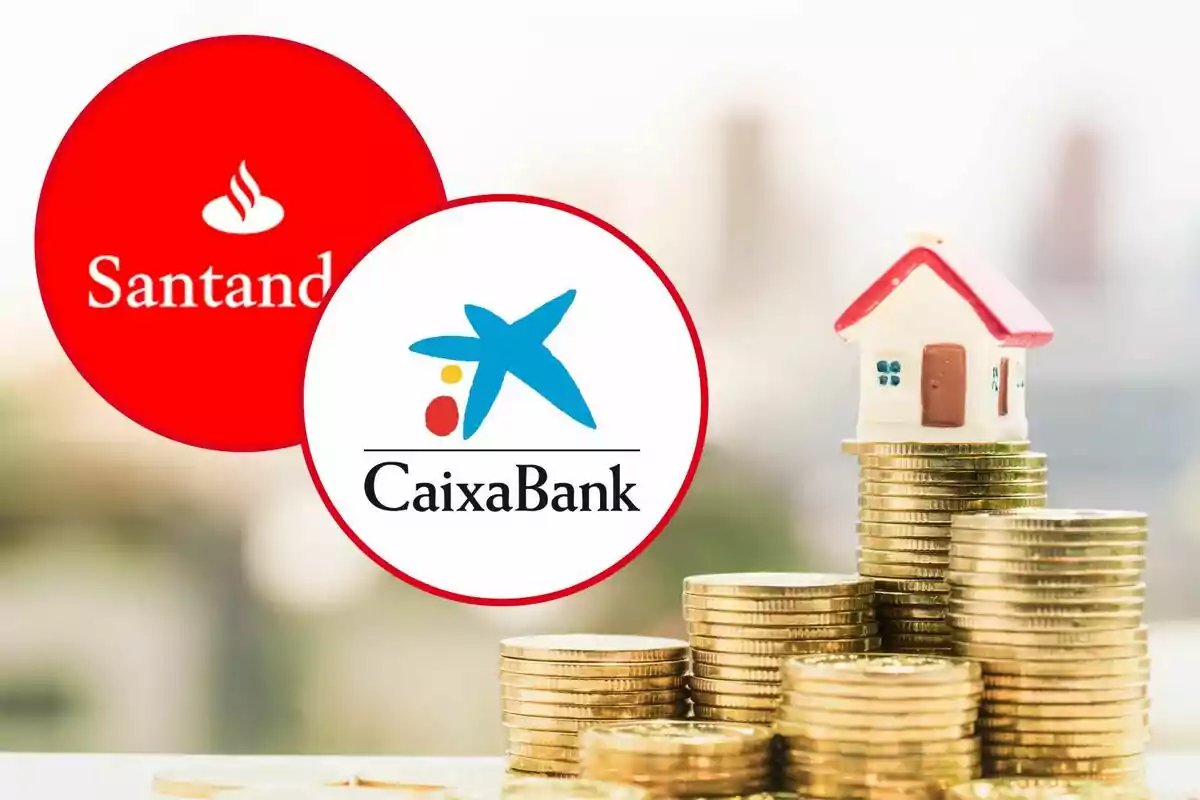 Logos de Santander i CaixaBank amb una casa de miniatura sobre piles de monedes.