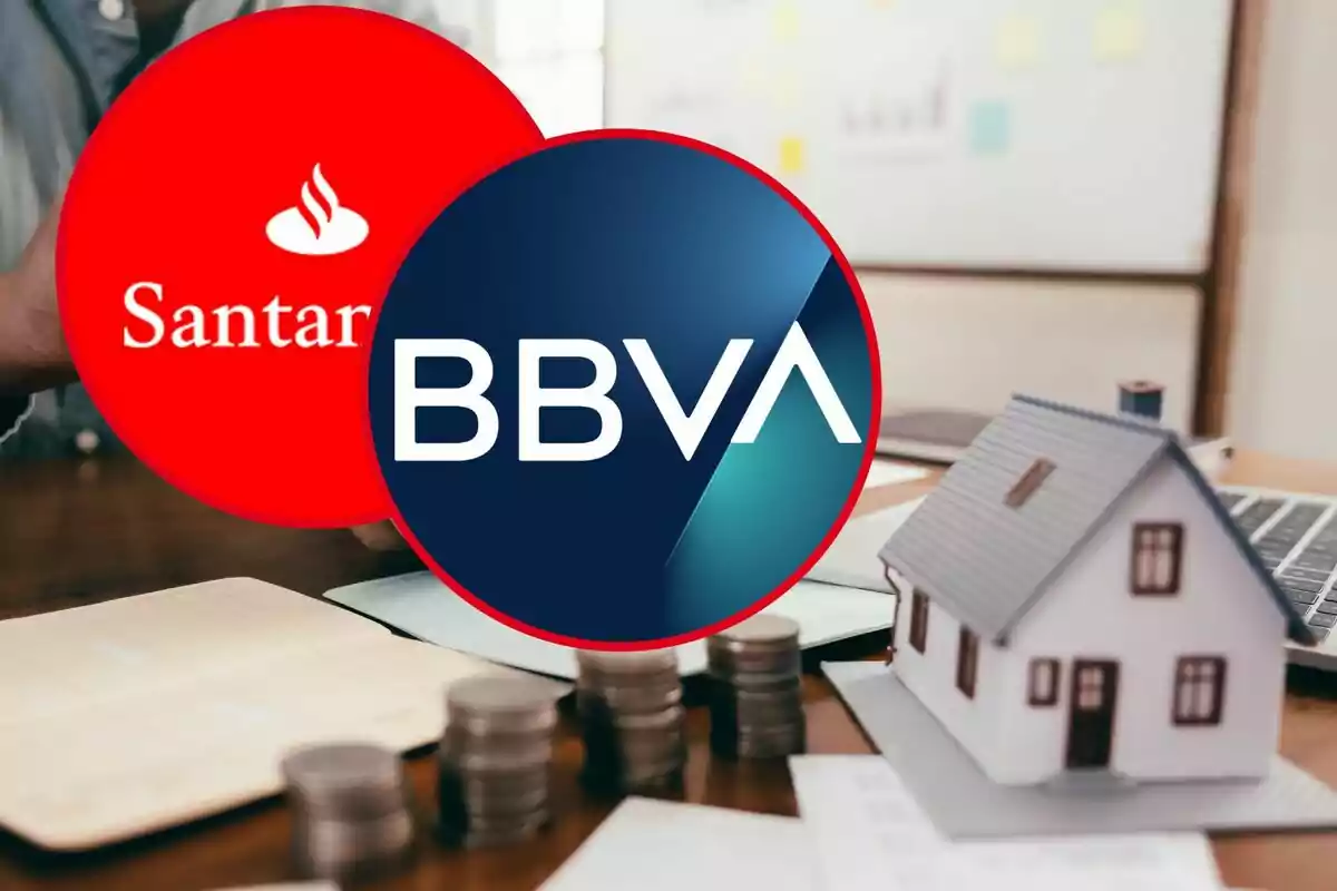 Logos dels bancs Santander i BBVA superposats sobre una imatge de monedes, documents i una casa en miniatura.