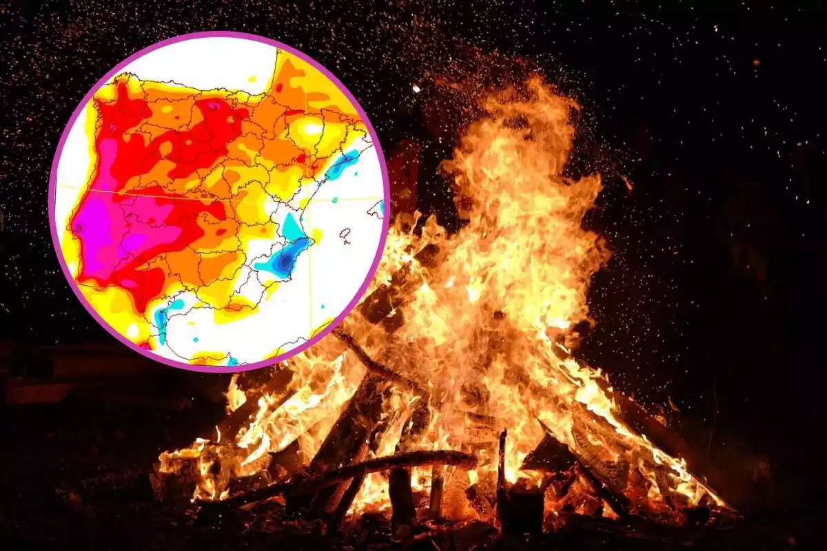 Muntatge amb una foguera gran de nit i un cercle amb el mapa de temperatures de l'AEMET del 23 de juny