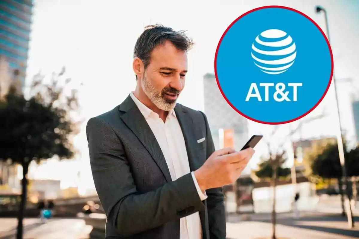 Hombre de traje usando un teléfono móvil con el logotipo de AT&T en un círculo rojo en la esquina superior derecha. Hombre de traje usando un teléfono móvil con el logotipo de AT&T en un círculo rojo en la esquina superior derecha.