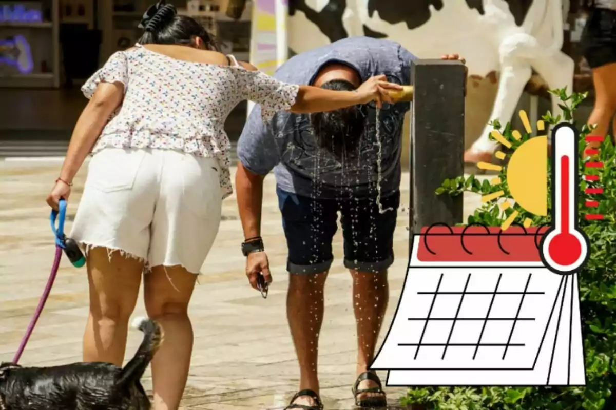 A woman holds a leash while a man cools off with water from a fountain on a hot day, accompanied by a black dog.