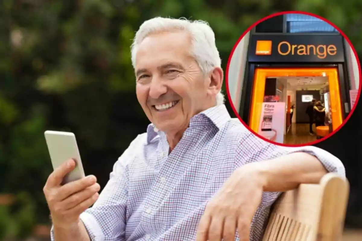 Un home maneja un mòbil somrient, i al cercle, una botiga d'Orange